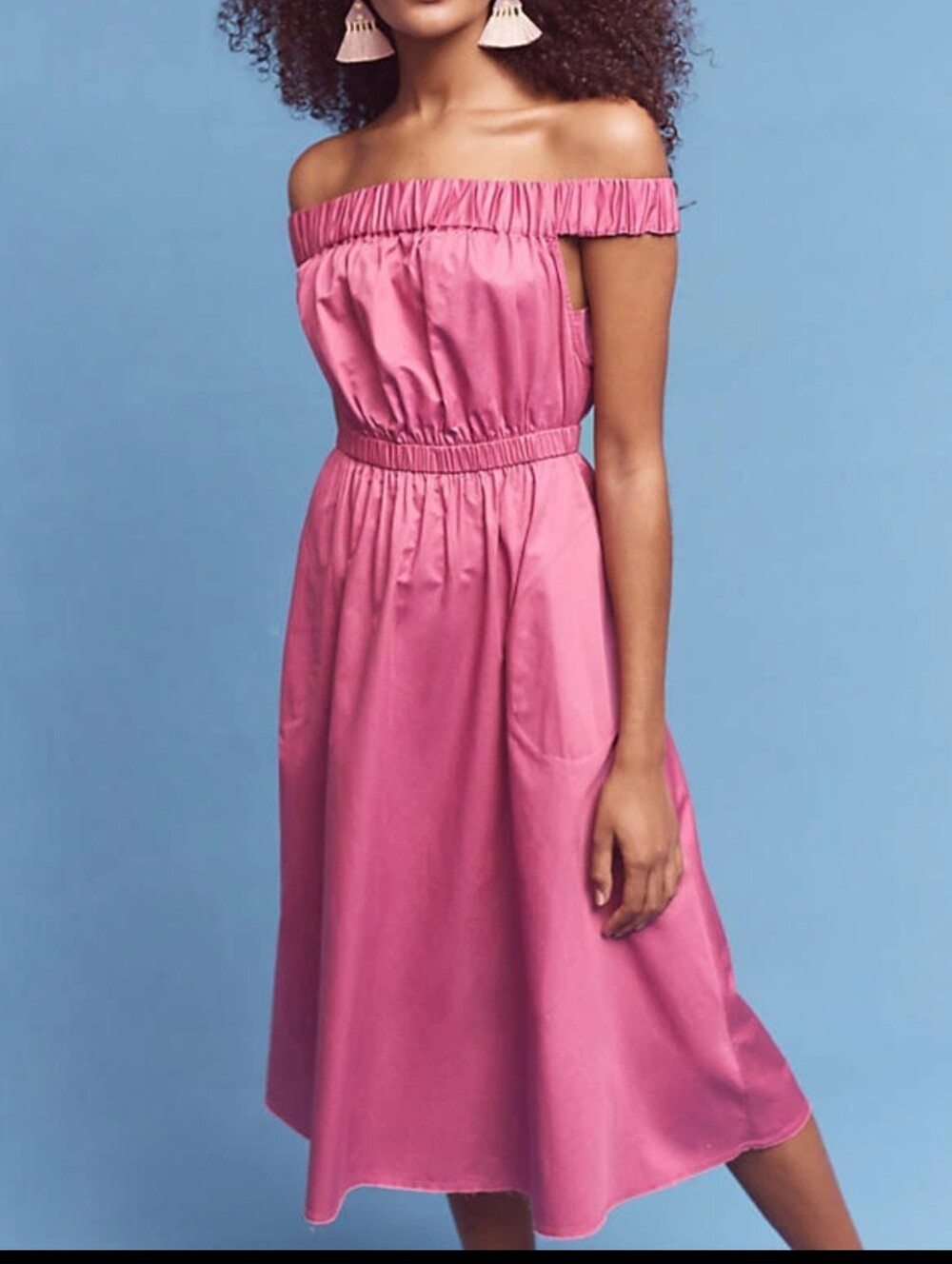 Anthropologie Maeve Mona Off-the-Shoulder Midi Dress Fuchsia Pink Feminine Sz M